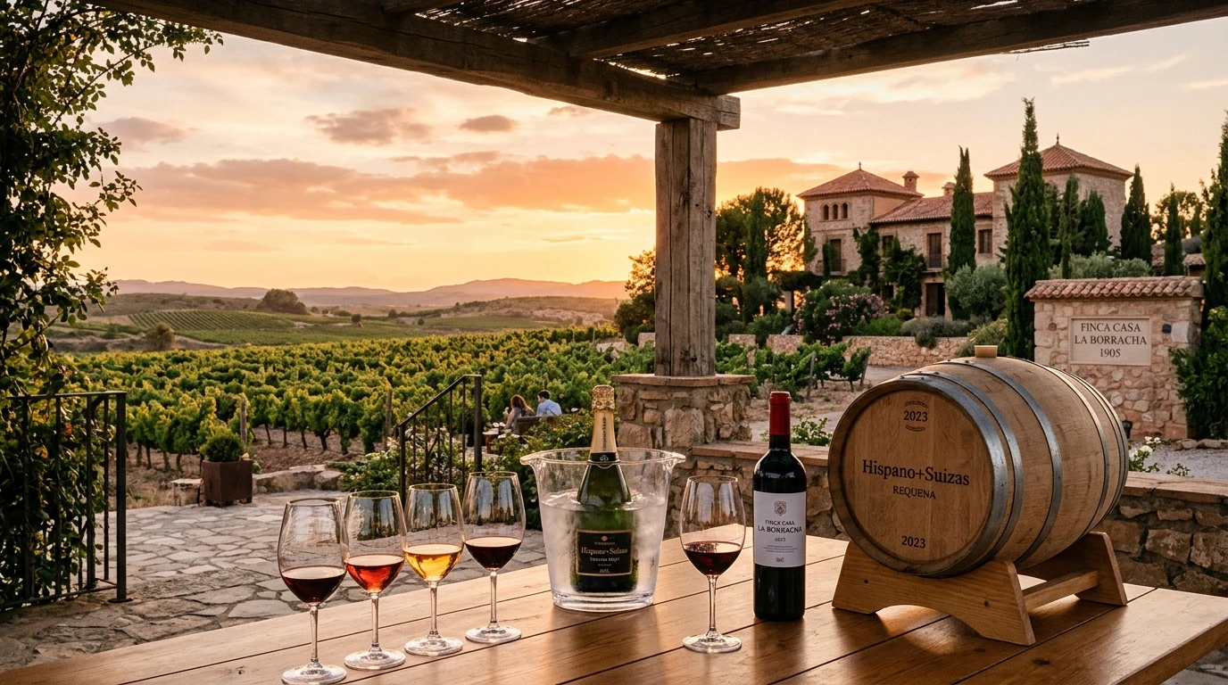 Concepto visual con IA inspirado en la finca histórica y viñedos de Bodegas Hispano+Suizas, no fotografía real